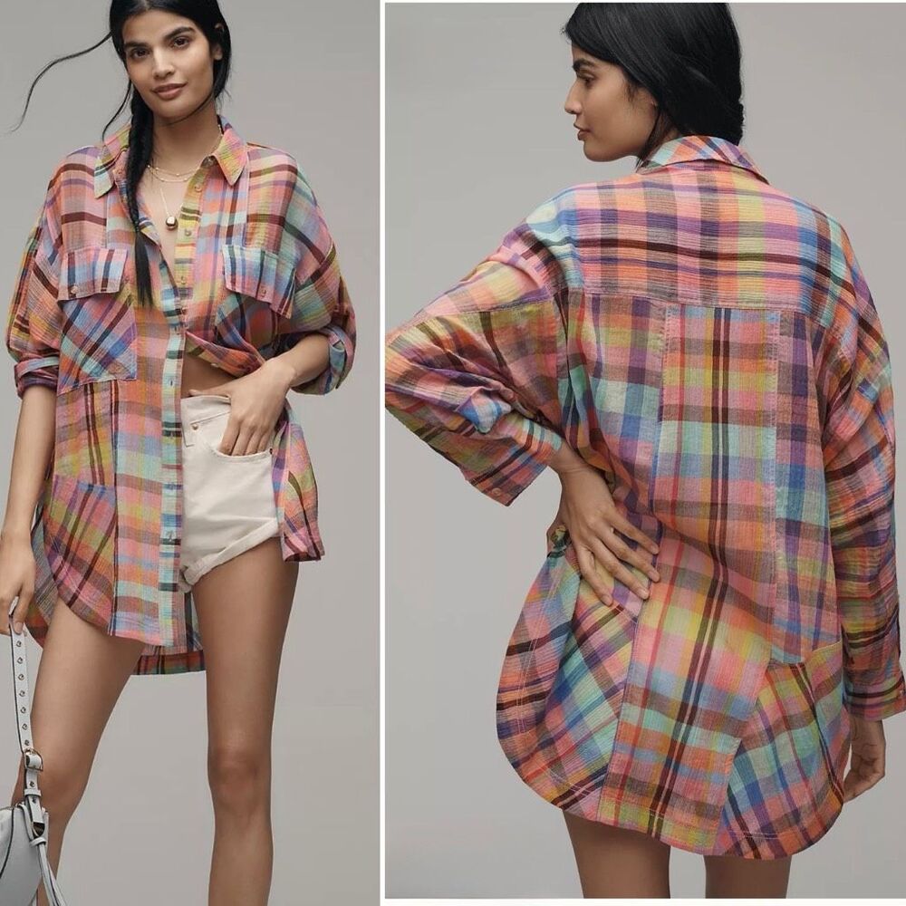 PILCRO Anthro Long-Sleeve Mixed Madras Plaid Oversized Buttondown Shirt-L/XL